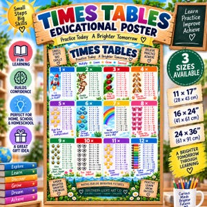 May include: A colourful educational poster titled Times Tables featuring multiplication charts from 1 to 12. The poster includes illustrations like rockets, monkeys, ladybugs, and stars, with text indicating available sizes of 28x43, 41x61, and 61x91 cm.