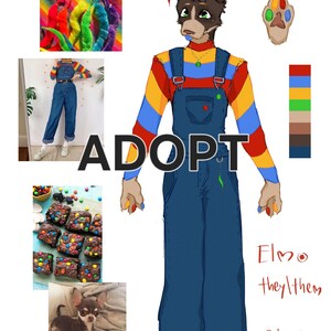 Può includere: Una scheda di riferimento digitale di un personaggio che raffigura un chihuahua antropomorfo di nome Elmo. Il personaggio indossa una salopette in denim blu sopra una maglia a maniche lunghe a righe multicolori. Include tavolozza e foto.