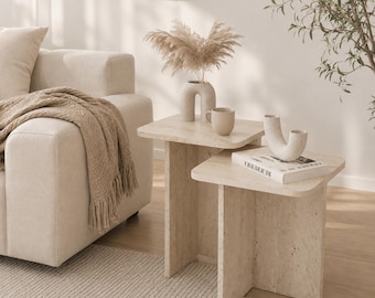 Travertine Look Nesting Side Tables, Japandi Pedestal End Tables, Minimalist Living Room Furniture