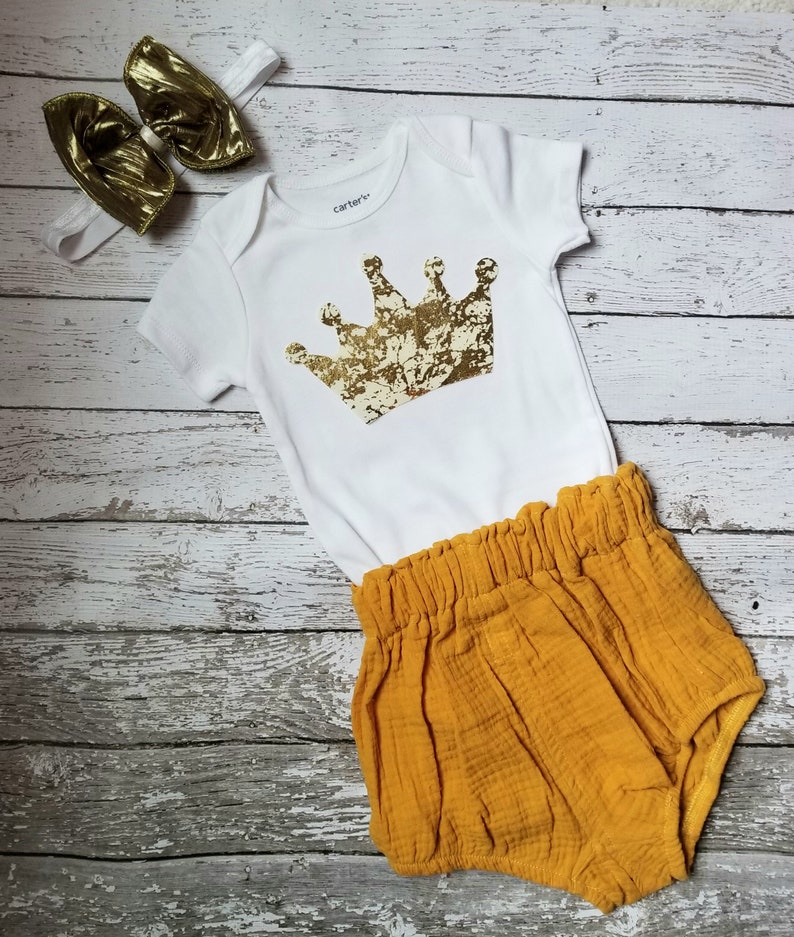 Onepiece Bodysuit gold party Photo Prop First Birthday Set Baby Girl First Birthday Outfit crown royal Bloomers and Headband Set