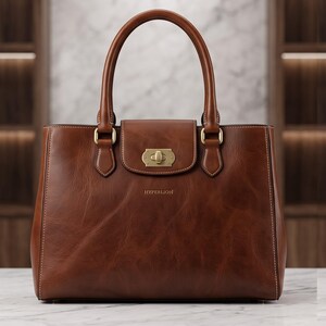 May include: A brown leather handbag featuring two rounded top handles, a central flap closure with a gold-toned metal turn-lock mechanism, and the word HYPERLION embossed in gold lettering on the front panel with visible white stitching details.