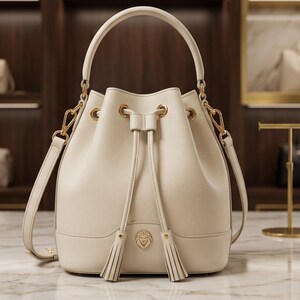 May include: A cream-colored bucket bag featuring a single top handle, a detachable shoulder strap, and a drawstring closure with two tassels. The front of the bag is adorned with a gold-toned lion head emblem, and the hardware is gold-toned.