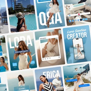 May include: A digital collage of social media interface templates featuring various lifestyle photography elements, including beach scenes, swimming pools, and portraits of individuals in summer attire, overlaid with text, icons, and UI elements.