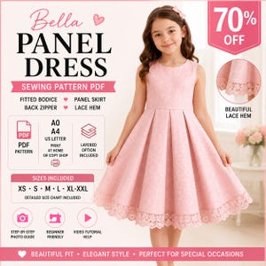 May include: A digital sewing pattern for a Bella panel dress featuring a fitted bodice, panel skirt, and lace hem. Includes PDF files for A0, A4, and US Letter printing, layered options, and sizes XS through XXL with a detailed size chart included.