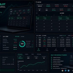 以下が含まれることがあります： ノートパソコンの画面に表示されたダークテーマのTradePilotトレーディングジャーナルソフトウェアインターフェース。ダッシュボードには、財務データ、2026年7月のカレンダービュー、取引ログ、パフォーマンスチャート、インポートオプションが緑と黒の配色で表示されています。