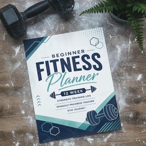 May include: A white fitness planner with dark blue and teal geometric accents. The cover features the text BEGINNER FITNESS PLANNER, 12 WEEK, STRENGTH TRAINING LOG, WORKOUT PROGRESS TRACKER, and GYM JOURNEY, along with a graphic illustration of a dumbbell.
