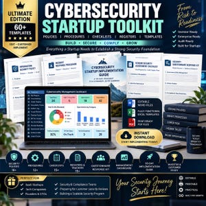 May include: A Cybersecurity Startup Toolkit featuring a laptop displaying a management dashboard, multiple document templates, and a guide. The text includes 'Cybersecurity Startup Toolkit', 'From Risk to Readiness', and 'Your Security Journey Starts Here'.