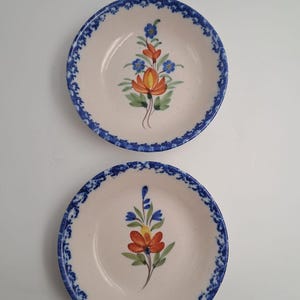 May include: Two round ceramic plates with a cream-colored base and a speckled finish. Each plate features a hand-painted floral motif in orange, blue, and green at the center, surrounded by a wide, textured blue sponge-painted border.