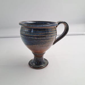 Vintage French Studio Pottery Footed Mug Stoneware Blue Glazed Chalice Cup Signed Artisan Handmade Ceramic French Pottery Goblet
