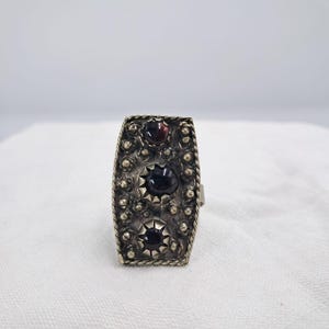 Vintage Ethnic Ring Three Garnet Red Cabochons Rectangular Silver Tone Statement Ring Granulation Tribal Boho Adjustable Band