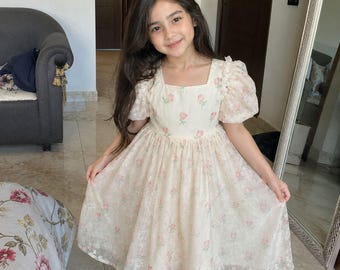 Handmade Girls Ivory Floral Lace Dress, Pink Rose Princess Party Gown