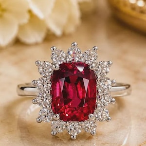 Peut inclure: Une bague ornée d'une grande pierre précieuse rouge foncé de taille coussin rectangulaire, entourée d'un halo de douze diamants blancs ronds taille brillant, montée sur un anneau en métal argenté à la finition polie.