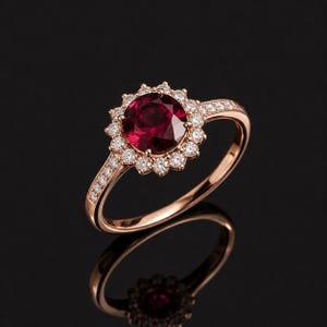 Könnte beinhalten: Ein Ring aus Roségold mit einem großen, runden, dunkelroten Edelstein in der Mitte, umgeben von einem Kranz aus kleinen, klaren, rund geschliffenen Diamanten. Die Ringschiene ist zudem mit einer Reihe kleiner Diamanten besetzt.