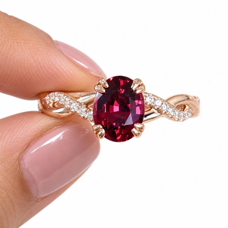 Pu&ograve; includere: Un anello in oro rosa con una grande gemma rosso scuro dal taglio ovale, fissata da quattro griffe. La fascia presenta un design intrecciato con piccole pietre chiare dal taglio rotondo incastonate su entrambi i lati della gemma centrale.
