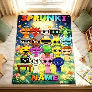 May include: A rectangular blanket featuring a colourful graphic print of various cartoon characters, the text SPRUNKI at the top, and the text NAME at the bottom. The design includes a starry night sky, a bright moon, and a grassy field with mushrooms.