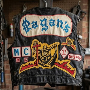 May include: A black leather motorcycle vest featuring a large cream-colored patch with the blue text Pagan's. The back displays a central yellow and black graphic of a horned figure holding a red sword, flanked by patches reading MC, 1%, and Pagan's.