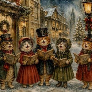 May include: A digital illustration of five cats standing in a snowy street, wearing Victorian-style coats and top hats or bonnets. Each cat holds an open book with the word Noel printed on the cover. The scene features a lit street lamp and buildings.