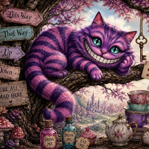 Könnte beinhalten: Eine violett und rosa gestreifte Katze mit breitem Grinsen ruht auf einem Ast. Zu sehen sind Holzschilder mit der Aufschrift This Way, That Way, Up, Down und We're All Mad Here. Außerdem eine Teekanne, gestapelte Tassen, ein Schlüssel, eine Spielkarte und Flaschen mit der Aufschrift Drink Me.