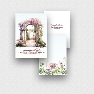 May include: A watercolor painting of a garden archway with pink flowers and vines. The text reads "For a day in your courtyards is better than a thousand anywhere else!"