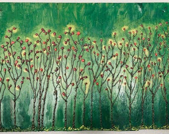 Handmade Hot Glue Painting: Textured trees Spring Landscape with Red Buds