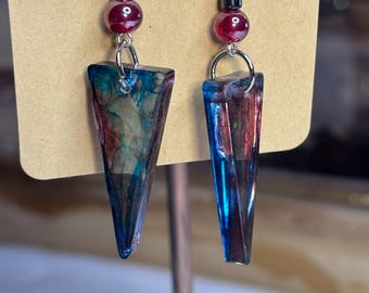 Teal Pink Arrowhead Resin Earrings