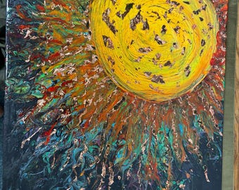 Yellow Sun with gold flakes and glow in the dark Abstract Painting