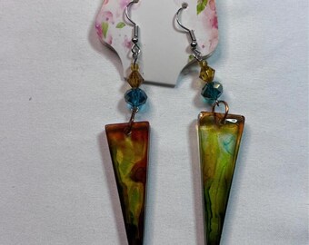 Amber Green Long Triangle Resin Earrings