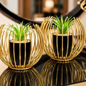 Gold Wire Openwork Planter | Modern Metal Succulent Pot, Coffee Table Decor