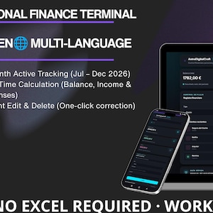 Puede incluir: Una herramienta digital de terminal de finanzas personales mostrada en una pantalla de portátil y smartphone. La interfaz presenta modo oscuro, seguimiento financiero de julio a diciembre de 2026 y cálculos en tiempo real.
