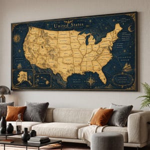 May include: A large rectangular wall map of the United States featuring a vintage aesthetic with a dark blue background and gold-toned landmasses. The map displays state borders, names, and topographical illustrations, alongside a compass rose.
