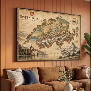 May include: A framed vintage-style map of Switzerland featuring the text Switzerland, Confederatio Helvetica, and A small country with a great soul. The map displays mountains, lakes, cities, a compass rose, and a castle illustration in sepia tones.