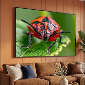 Close-Up Red and Black Bug Canvas, Macro Insect Wall Art, Nature Detail Canvas, Green Leaf Background, Vibrant Wildlife Canvas, Home