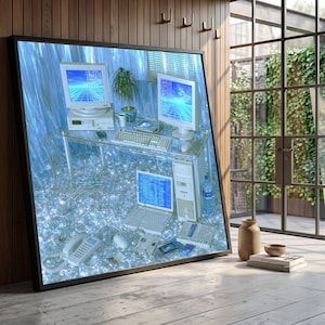 May include: A framed wall art print featuring a surreal digital composition of vintage beige computer equipment, including two desktop monitors, a keyboard, a tower, and a laptop, all set against a shimmering, icy blue, crystalline background.