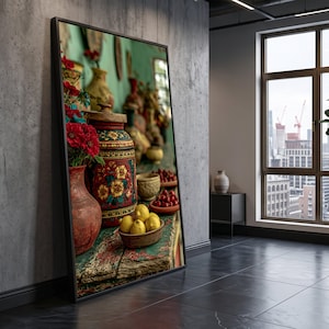 Rustic Kitchen Display, Vintage Floral Jar Canvas, Lemons and Cherries Still Life, Colorful Vase Wall Art, Country Home Decoration