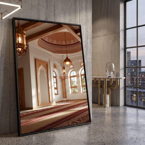 Eleganckie płótno z architekturą islamską, sztuka ścienna do wnętrza meczetu, projekt łukowego okna, ozdobny detal sufitu, płótno dekoracyjne do domu