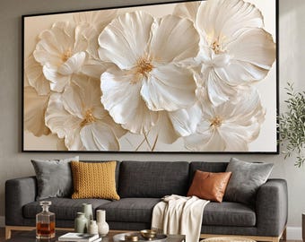 Elegant White Floral Canvas Wall Art, Large Bloom Canvas, Neutral Flower Decoration, Modern Home Accent Art, Ready to Hang
