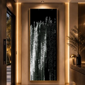 Abstraktes vertikales Lichtstrahlen-Leinwandbild, Wandkunst mit digitalem Code, monochromes Binärbild-Leinwandbild, modernes Technikdesign, vertikales Stromlinien-Leinwandbild