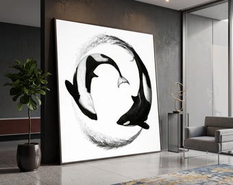 Dancing Orcas Black and White Canvas, Ocean Wildlife Art, Whale Circle Composition, Marine Life Wall Art, Minimalist Animal Canvas