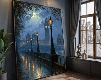 London Nightscape Canvas, Big Ben and River Thames, Vintage Street Lamps Canvas, Moonlit Cityscape Wall Art, Romantic Evening Scene