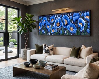 Blue Poppy Canvas Wall Art, Floral Bloom Canvas, Elegant Modern Flower Design, Botanical Canvas Decoration, Vibrant Home Wall Art