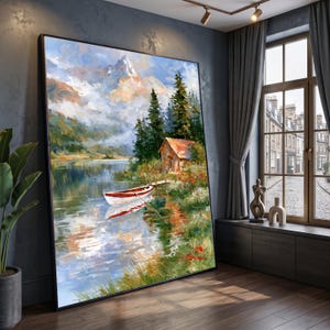 山の湖畔の隠れ家キャンバス、素朴な小屋とボートの壁画、松林の風景、自然の反射キャンバス、静かな屋外風景