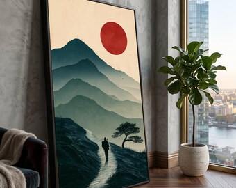 Misty Mountain Path, Samurai Silhouette Canvas, Japanese Sunrise Wall Art, Minimalist Landscape Canvas, Serene Nature Scene Decoration