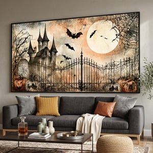 Halloween-canvas med spökslott, väggkonst med läskig pumpafält, nattscen med fullmåne, canvas med gotisk järngrind, dekor med fladdermussilhuett