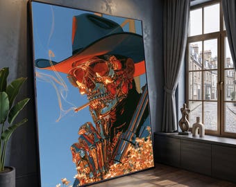 Reflective Cowboy Skeleton Canvas, Western Skull Art, Smoking Skull Canvas, Edgy Modern Wall Art, Bold Home Decoration, Ready to Hang Canvas