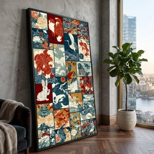 Japanese Patchwork Canvas Wall Art, Traditional Animals and Floral Patterns, Ocean Waves and Crane Design, Asian Style Home Decoration