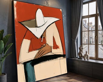 Modern Cowboy Figure Canvas, Abstract Western Wall Art, Rustic Home Decor, Minimalist Hat Illustration, Contemporary Canvas Design