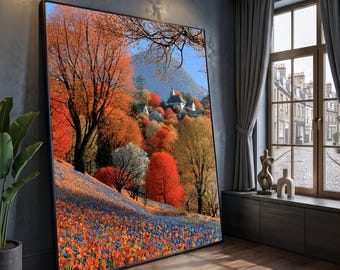 Vibrant Autumn Landscape Canvas, Colorful Fall Trees Wall Art, Countryside Scene Canvas, Nature Decoration, Seasonal Home Canvas