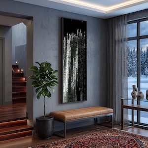 Lienzo abstracto de haces de luz verticales, arte mural de código digital, lienzo binario monocromático, diseño tecnológico moderno, decoración de lienzo de flujo vertical