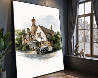 Vintage Classic Car Outside English Cottage Canvas, Countryside Architecture Wall Art, Rustic Home Decor, Scenic Village Canvas Print