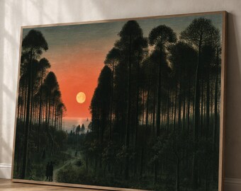 Sunset Forest Pathway Canvas Wall Art, Evening Landscape Canvas, Serene Nature Scene, Moonlit Woods Wall Decor, Tranquil Outdoor Canvas